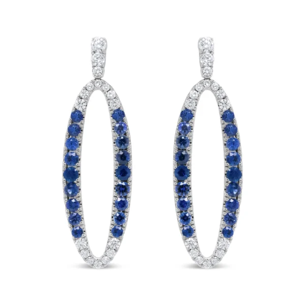 18K White Gold 1.11 Cttw Blue Round Diamond and Blue Sapphire Openwork Oval Shaped Dangle Earrings (F-G Color, VS1-VS2 Clarity)