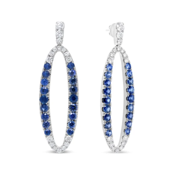 18K White Gold 1.11 Cttw Blue Round Diamond and Blue Sapphire Openwork Oval Shaped Dangle Earrings (F-G Color, VS1-VS2 Clarity) - Image 2