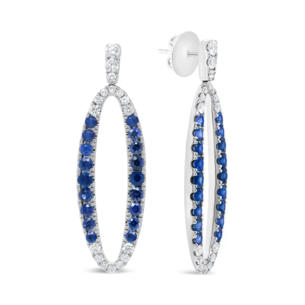 18K White Gold 1.11 Cttw Blue Round Diamond and Blue Sapphire Openwork Oval Shaped Dangle Earrings (F-G Color, VS1-VS2 Clarity) - Image 3