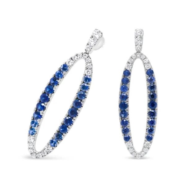 18K White Gold 1.11 Cttw Blue Round Diamond and Blue Sapphire Openwork Oval Shaped Dangle Earrings (F-G Color, VS1-VS2 Clarity) - Image 4