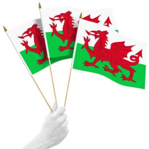 12 Pack Handheld Wales Welsh Stick Flags | 12x18 In | Printed 150D Polyester Country Flag Solid Wooden Stick Spear Gold Tip