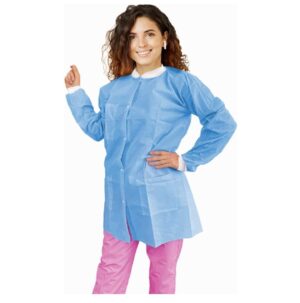Disposable Lab Coats for Adults 10 pcs Large 40  Blue Disposable Lab Coat Women Men SMS 40 gsm Lab Coat Breathable Plastic Lab Coat Disposable Knitted Wrists Knitted Collar 3 Pockets