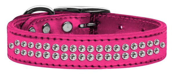 Two Row Clear Crystal Metallic Leather Dog Collar Pink 16