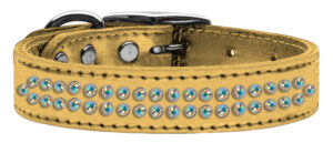 Two Row Ab Crystal Metallic Leather Dog Collar Gold 18