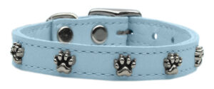 Paw Leather Dog Collar Baby Blue 16