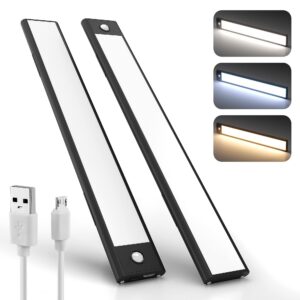 AMIFF LED Motion Sensor Cabinet Light 12 x 1.6 x 0.35 Pack of 2 Black Under Cabinet Lights Motion Sensor Aluminum  PC Motion Sensor Under Cabinet Light Rechargeable Battery 1000 mAh USB Cable