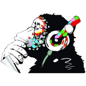 Banksy Thinking Monkey Sticker   Art Vinyl Street Dj Baksy Wall Decal   Headphones Chimp Music Thinker Graffiti Mural   Boy Smart Decals