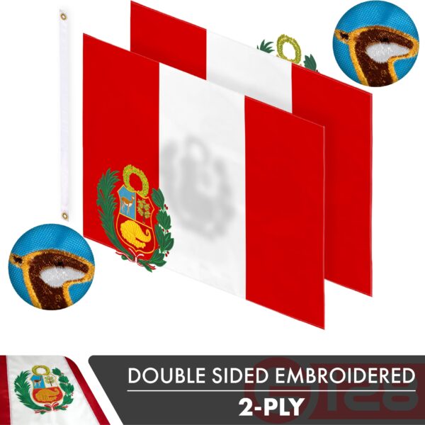 G128 Peru (Peruvian) Flag | 3x5 feet | Double Sided Embroidered 210D Indoor/Outdoor, Brass Grommets, Heavy Duty Polyester - Image 2