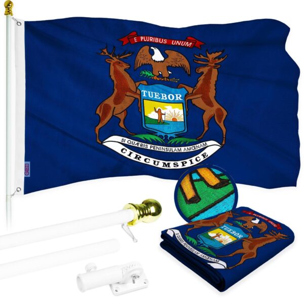G128 Combo Pack: 6 Ft Tangle Free Aluminum Spinning Flagpole (White) & Michigan MI State Flag 3x5 Ft, ToughWeave Series Embroidered 300D Polyester | Pole with Flag Included