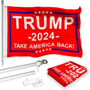 G128 Combo Pack: Flag Pole 6 FT Silver Tangle Free & Trump 2024 "Take America Back" Red Flag 3x5 FT Printed 150D Polyester
