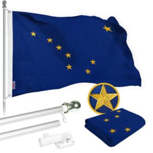 G128 Combo Pack: 6 Ft Tangle Free Spinning Flagpole (Silver) & Alaska Flag 3x5 Ft Embroidered 220GSM Spun Polyester, Brass Grommets (Flag Included) Aluminum Flag Pole