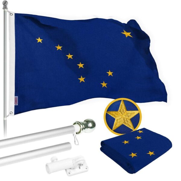 G128 Combo Pack: 6 Ft Tangle Free Spinning Flagpole (Silver) & Alaska Flag 3x5 Ft Embroidered 220GSM Spun Polyester, Brass Grommets (Flag Included) Aluminum Flag Pole