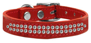 Two Row Clear Jeweled Leather Dog Collar Red 18