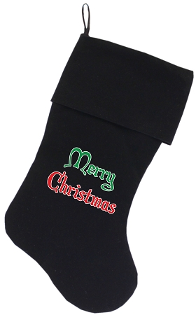 Merry Christmas Screen Print 18 Inch Velvet Christmas Stocking Black