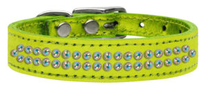 Two Row Ab Crystal Metallic Leather Dog Collar Lime Green 16