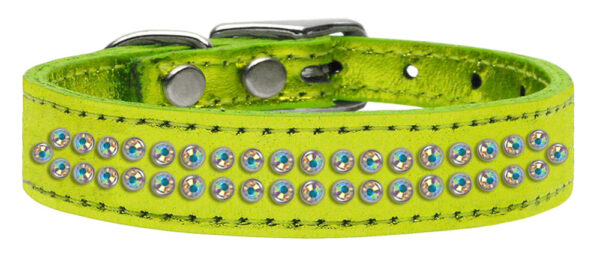 Two Row Ab Crystal Metallic Leather Dog Collar Lime Green 16