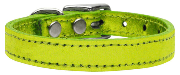 Plain Metallic Leather Dog Collar Lime Green 14