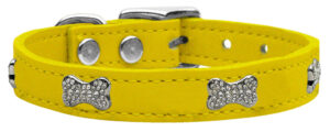 Crystal Bone Genuine Leather Dog Collar Yellow 20