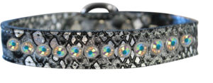 One Row Ab Crystal Jeweled Dragon Skin Genuine Leather Dog Collar Silver Size 14