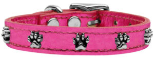 Metallic Paw Leather Dog Collar Pink Mtl 12