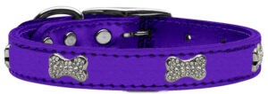 Crystal Bone Genuine Metallic Leather Dog Collar Purple 16