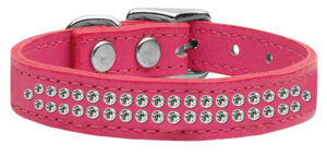 Two Row Clear Jeweled Leather Dog Collar Pink 18