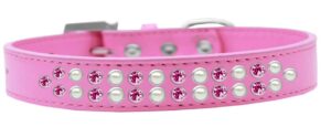 Two Row Pearl And Pink Crystal Size 12 Bright Pink Dog Collar