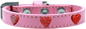 Red Glitter Heart Widget Dog Collar Light Pink Size 16