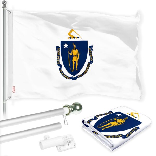 G128 Combo Pack: 6 Ft Tangle Free Spinning Flagpole (Silver) & Massachusetts Flag 3x5 Ft Printed 150D Polyester, Brass Grommets (Flag Included) Aluminum Flag Pole