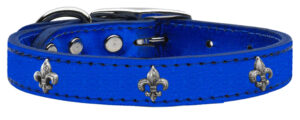 Silver Fleur De Lis Widget Genuine Metallic Leather Dog Collar Blue 14