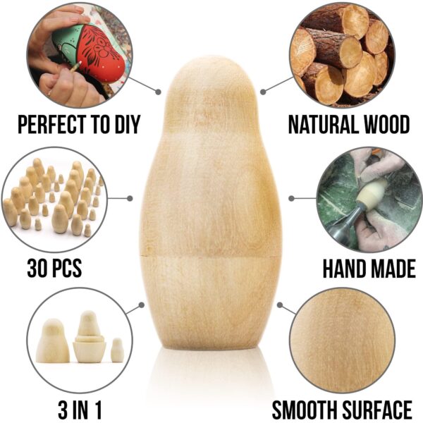 AEVVV Lot of Blank Nesting Dolls of 10 Sets by 3 pcs   Blank Russian Nesting Dolls   Nesting Dolls Unpainted   Wooden Dolls Unfinished - Image 3