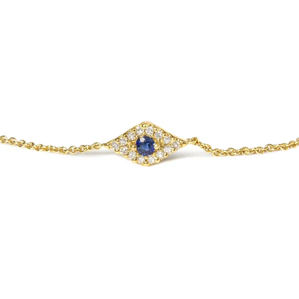 10K Yellow Gold Blue Sapphire and Diamond Accent Evil Eye Station Link Bracelet  (H-I Color, I1-I2 Clarity) - Size 7" - Image 2