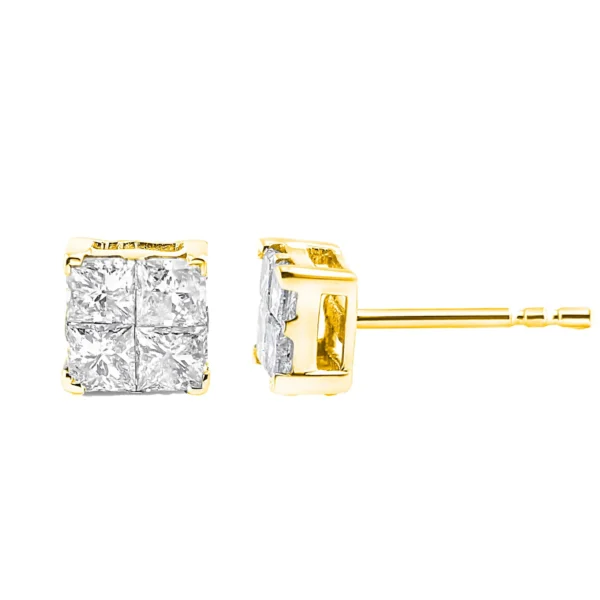10K Yellow Gold Plated .925 Sterling Silver 1.0 Cttw Princess-Cut Diamond Composite Multi Stone Stud Earrings (J-K Color, SI2-I1 Clarity) - Image 3