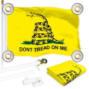 G128 Combo Pack: 6 Ft Tangle Free Aluminum Spinning Flagpole (White) & Gadsden Don't Tread On Me Flag 3x5 Ft, LiteWeave Pro Printed 150D Polyester, 4 Corner Brass Grommets | Pole with Flag Included