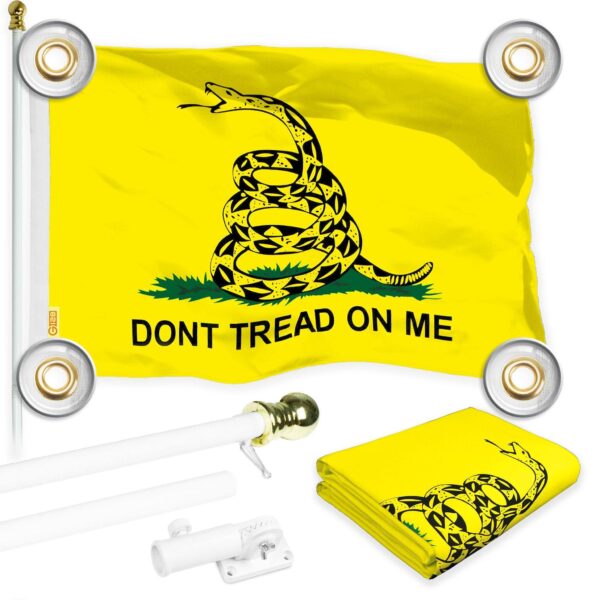 G128 Combo Pack: 6 Ft Tangle Free Aluminum Spinning Flagpole (White) & Gadsden Don't Tread On Me Flag 3x5 Ft, LiteWeave Pro Printed 150D Polyester, 4 Corner Brass Grommets | Pole with Flag Included