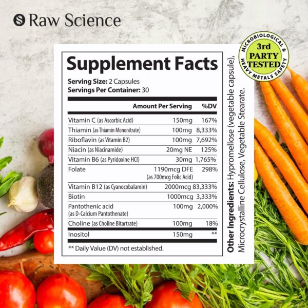 Vitamin B Complex Capsules   B Vitamins: B1 B2 B3 B5 B6 B7 B9 B12 Biotin Folic Acid Vitamin C for Energy & Immune Support Supplement B Complex for Women & Men's Nervous System 60 Capsules - Image 3