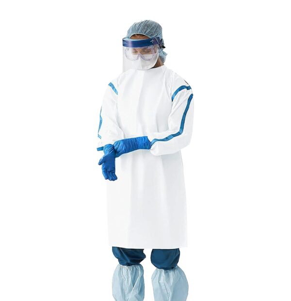 Disposable Isolation Gowns XX Large Pack of 5 White Disposable Gowns with Sleeves Elastic Wrists Neck & Waist Ties SMS 35 gsm Protective Gown Disposable Unisex Isolation Gown Disposable