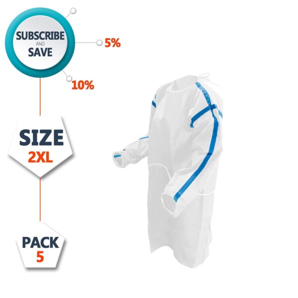 Disposable Isolation Gowns XX Large Pack of 5 White Disposable Gowns with Sleeves Elastic Wrists Neck & Waist Ties SMS 35 gsm Protective Gown Disposable Unisex Isolation Gown Disposable - Image 2