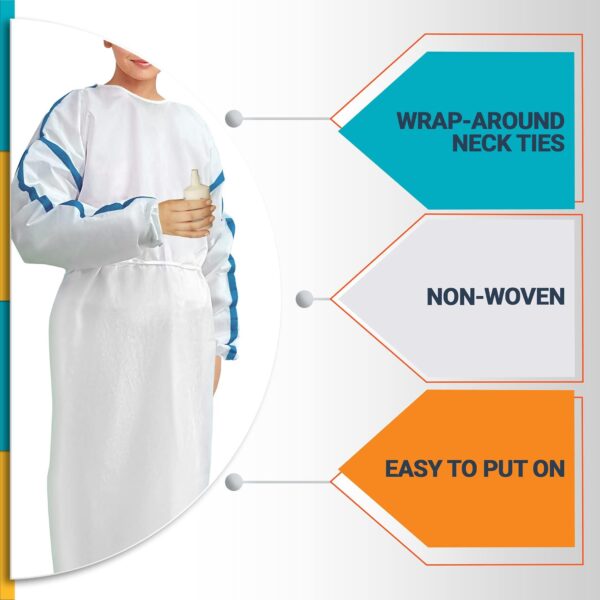 Disposable Isolation Gowns XX Large Pack of 5 White Disposable Gowns with Sleeves Elastic Wrists Neck & Waist Ties SMS 35 gsm Protective Gown Disposable Unisex Isolation Gown Disposable - Image 4