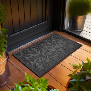Home Entrance Grey Leaves Door Mat Deluxe | 17x29.5 in | Absorbent Natural Rubber Non Slip Indoor Outdoor Easy Clean Beautiful Welcome Mats for Front Door Patio Garage