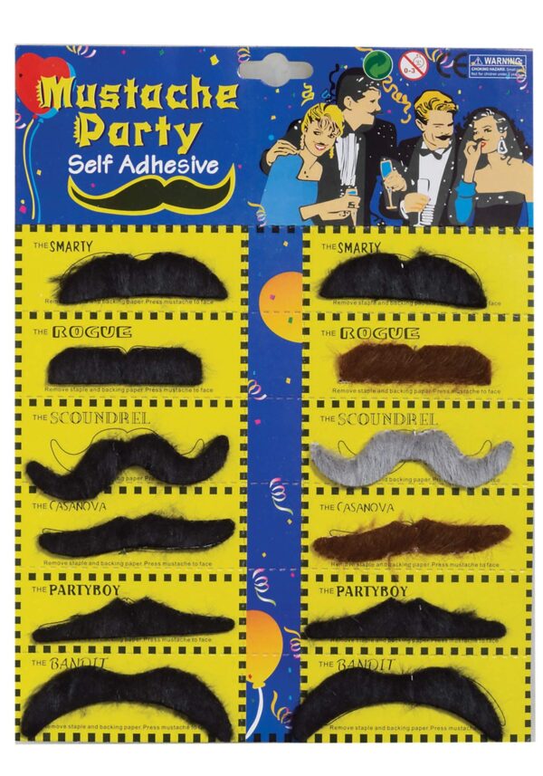 mens Self Adhesive Moustaches (12 Styles) MOUSTACHE CARD 12 CD Dark One Size US