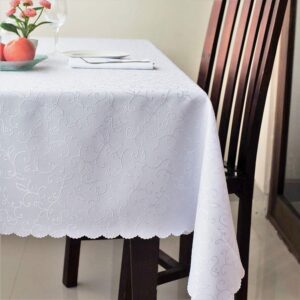 Stain Resistant Turkish White Tablecloth Polyester Table Linen Rectangular Square Round Washes Easily Non Iron   Thanksgiving Christmas Dinner Easter Wedding (WHITE Rectangle 60 x84 )