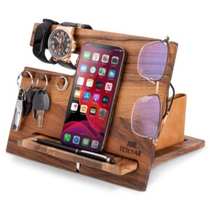 Gifts for Men Natural Walnut Wood Phone Docking Station Hooks Watch Organizer Men Husband Anniversary Birthday Nightstand Purse Father Graduation Male Idea Gadgets Solid