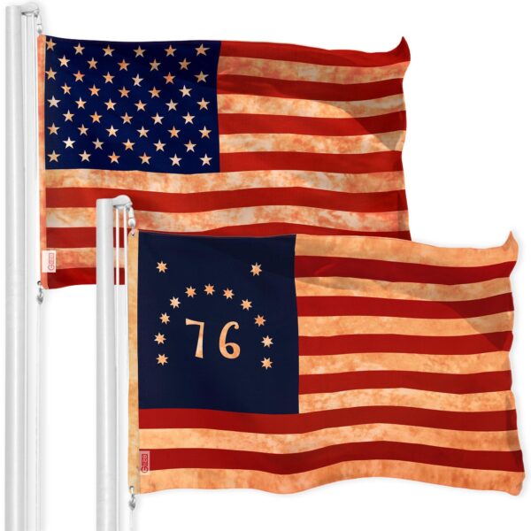 G128 Combo Pack: American USA Tea-Stained Flag 3x5 Ft & Bennington 76 Tea-Stained Flag 3x5 Ft | Both LiteWeave Pro Series Printed 300D Polyester, Brass Grommets