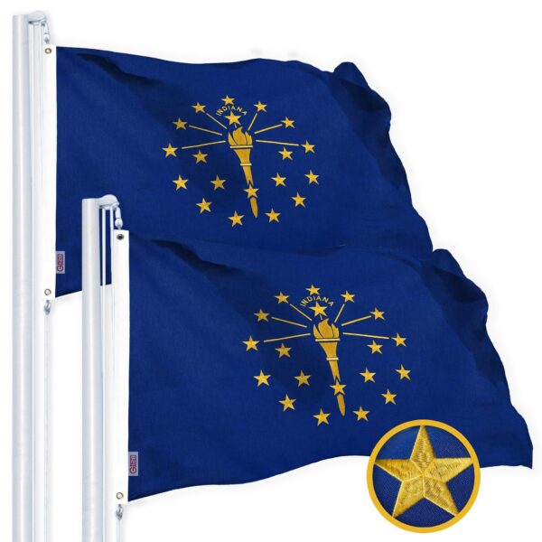 G128 2 Pack: Indiana IN State Flag | 2x3 Ft | StormFlyer Series Embroidered 220GSM Spun Polyester | Embroidered Design, Indoor/Outdoor, Brass Grommets, Heavy Duty, All Weather