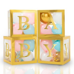 Baby Boxes with Letters for Baby Shower   Baby Shower Box Set of 44 pcs, 32 Gold Pink Blue Balloons, 4 Clear Blocks, 8 Letters   Gender Reveal Decorations, Party Backdrop for Boys & Girls Birthday