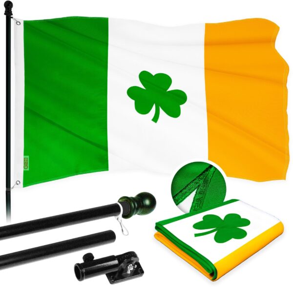 G128 Combo Pack: 5 Ft Tangle Free Aluminum Spinning Flagpole (Black) & Ireland Irish Shamrock Flag 2.5x4 Ft, ToughWeave Series Embroidered 300D Polyester | Pole with Flag Included