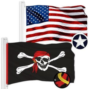 G128 Combo Pack: American USA Flag 2x3 Ft & Pirate Jolly Roger Red Head Scarf Flag 2x3 Ft | Both ToughWeave Series Embroidered 300D Polyester, Embroidered Design, Indoor/Outdoor, Brass Grommets