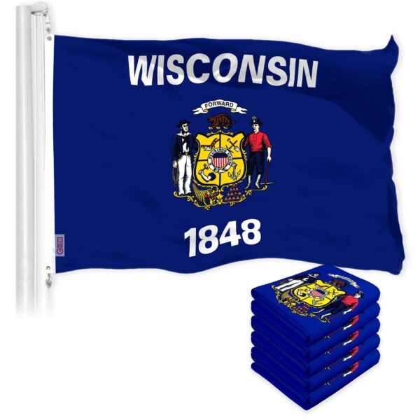 G128 5 Pack: Wisconsin WI State Flag | 3x5 Ft | LiteWeave Pro Series Printed 150D Polyester | Indoor/Outdoor, Vibrant Colors, Brass Grommets, Thicker and More Durable Than 100D 75D Polyester