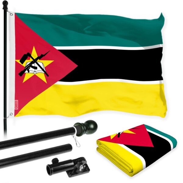 G128 Combo Pack: 6 Ft Tangle Free Aluminum Spinning Flagpole (Black) & Mozambique Mozambican Flag  3x5 Ft LiteWeave Pro Series Printed 150D Polyester | Pole with Flag Included